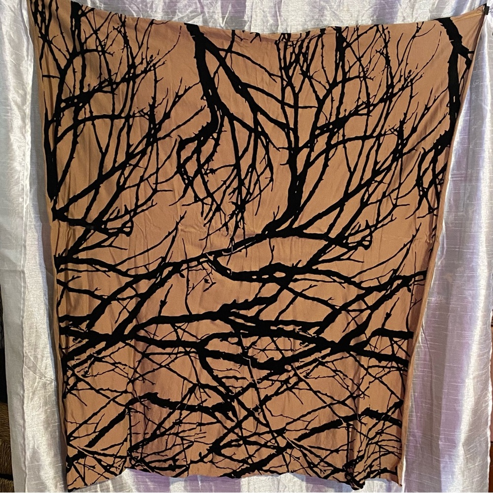 Leigh & Luca scarf, GUC, 42”x42” approx, jersey fabric w/flocked branches.